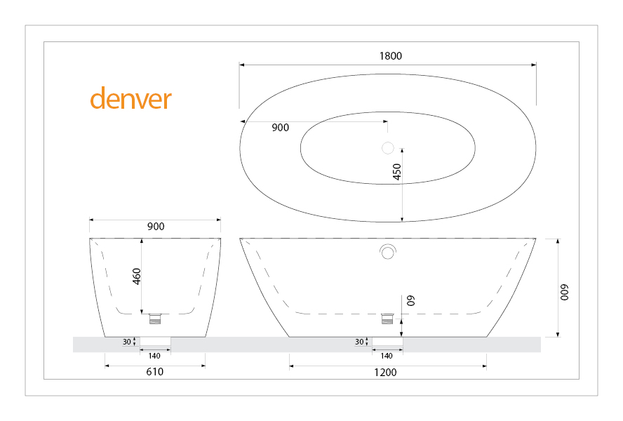 Volně stojící akrylátová vana DENVER 180×90 cm