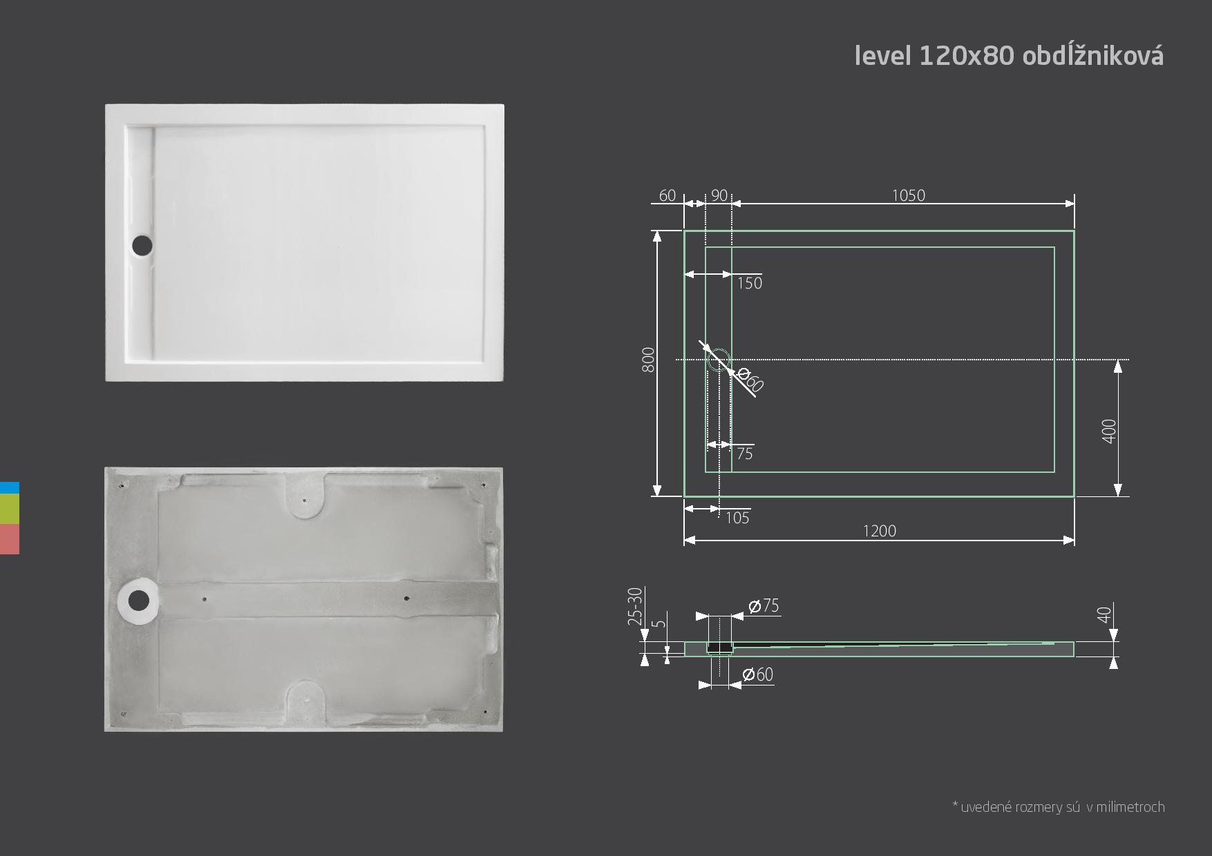 LEVEL 120×80 sprchová vanička z litého mramoru obdélníková