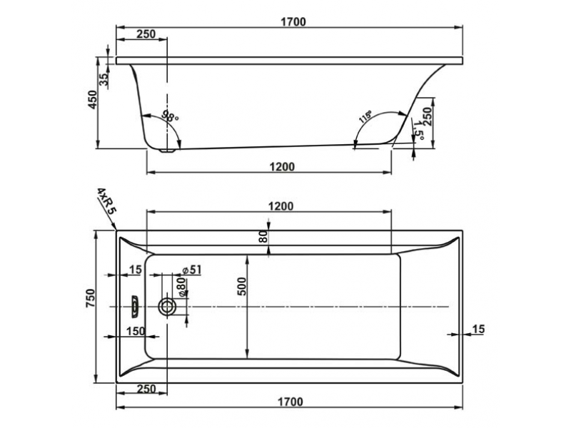 Hydromasážní vana VERONELA HYDRO pneu 170x75cm