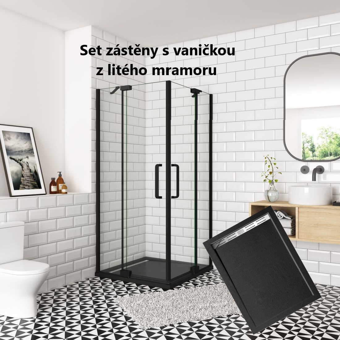 Sprchový kout AIRLINE BLACK R108, 100×80, se dvěma jednokřídlými dveřmi s pevnou stěnou, rohový vstup včetně sprchové vaničky z litého mramoru