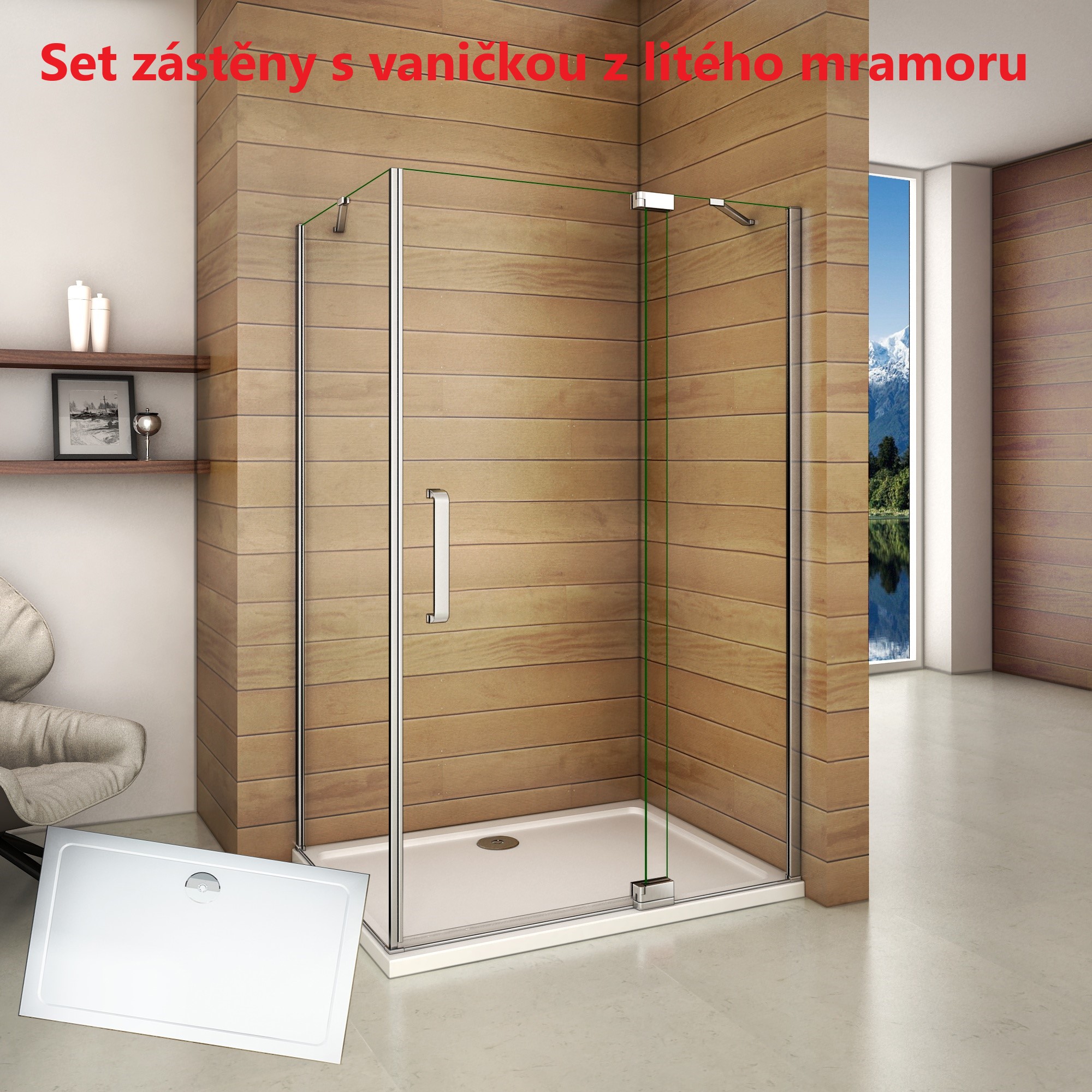 Obdélníkový sprchový kout AIRLINE 90×80 s jednokřídlými dveřmi s pevnou stěnou včetně sprchové vaničky z litého mramoru