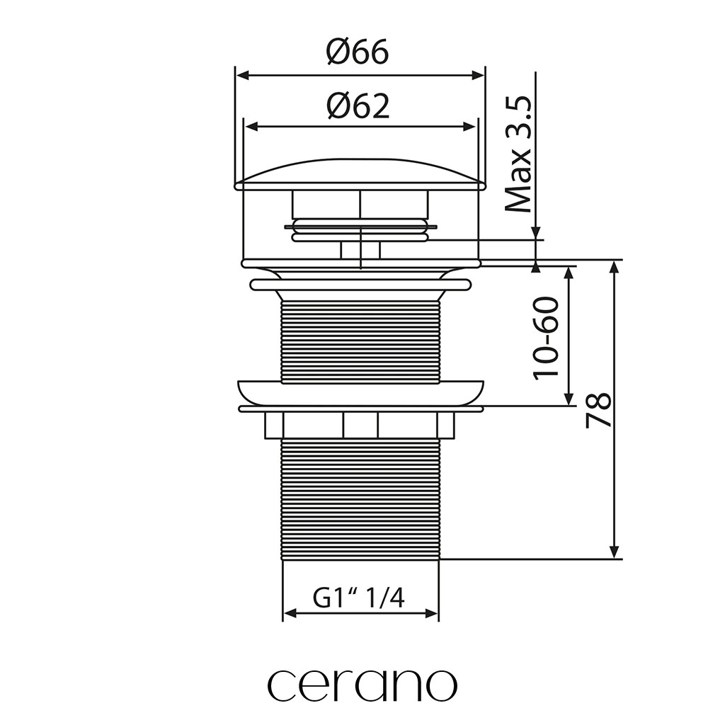 Umyvadlová výpusť – 5/4“ click-clack bez přepadu – 10/60mm – bílá matná