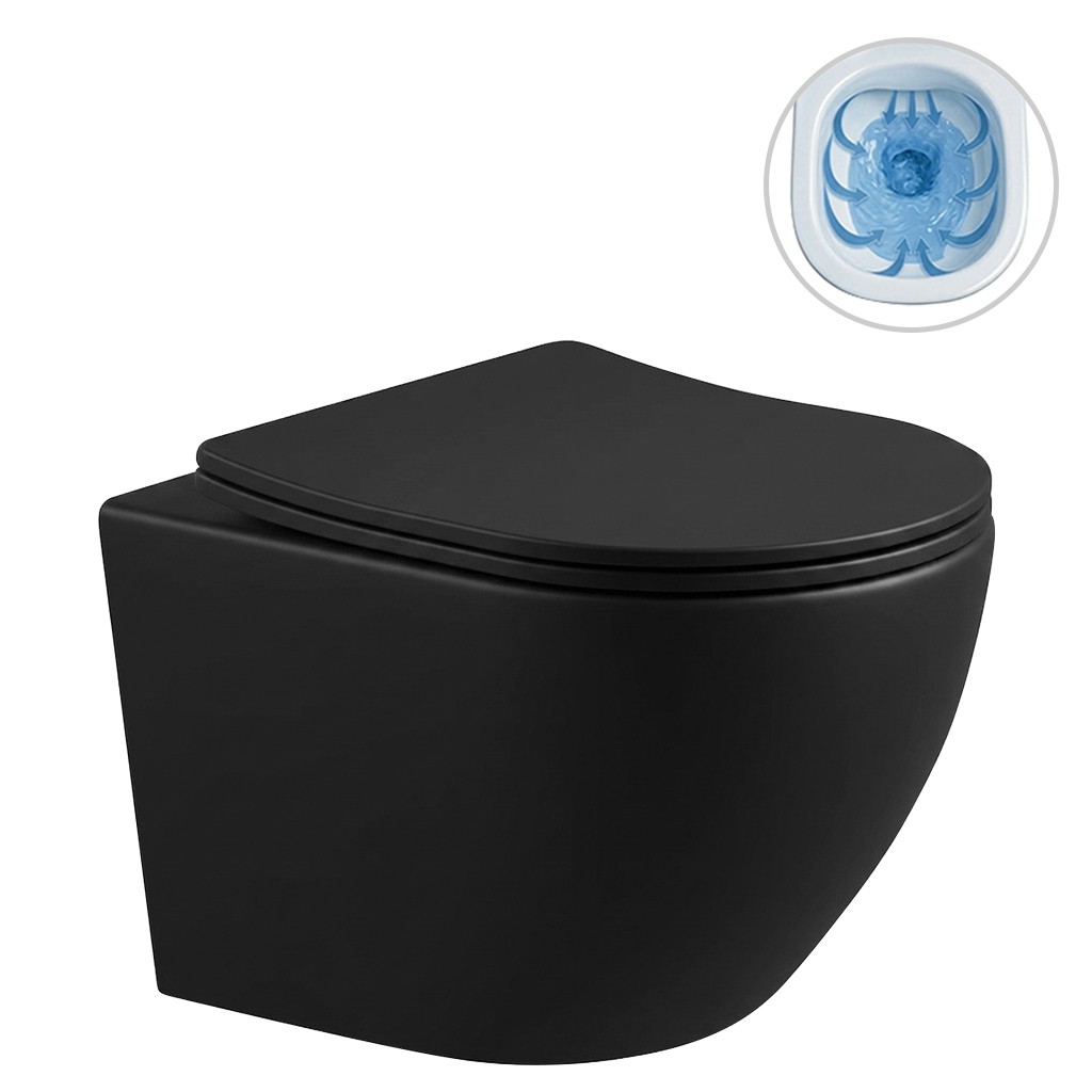 WC závěsné Verde, Rimless + Slim/UF sedátko - černá matná - 49x36 cm