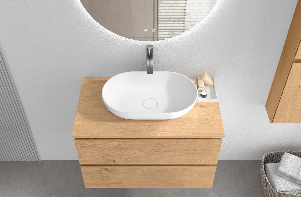 Koupelnová skříňka Carole s deskou pod umyvadlo – 18 mm – dub medový – 81×49,8×46,5 cm