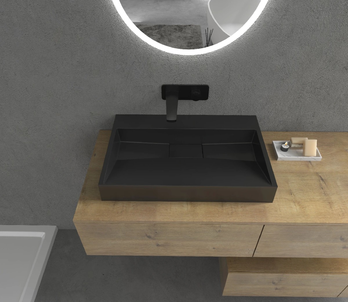 Umyvadlo z litého mramoru Vita – nástěnné i na desku – černá matná – 70×46 cm