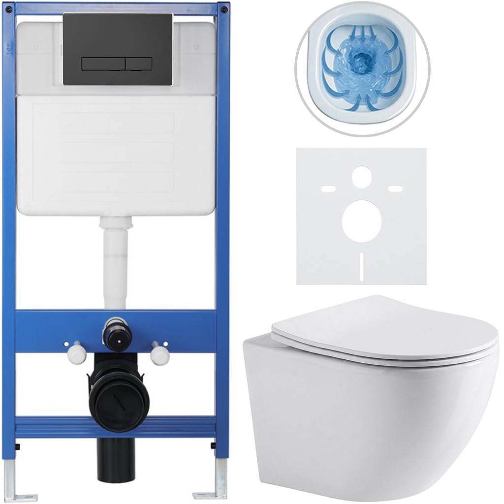 Kompletní podomítkový WC set Lite/Cesso - bílá lesklá - WC tlačítko Slim, černé matné - předstěnová instalace/sádrokarton - 49x36 cm - 8050BD9