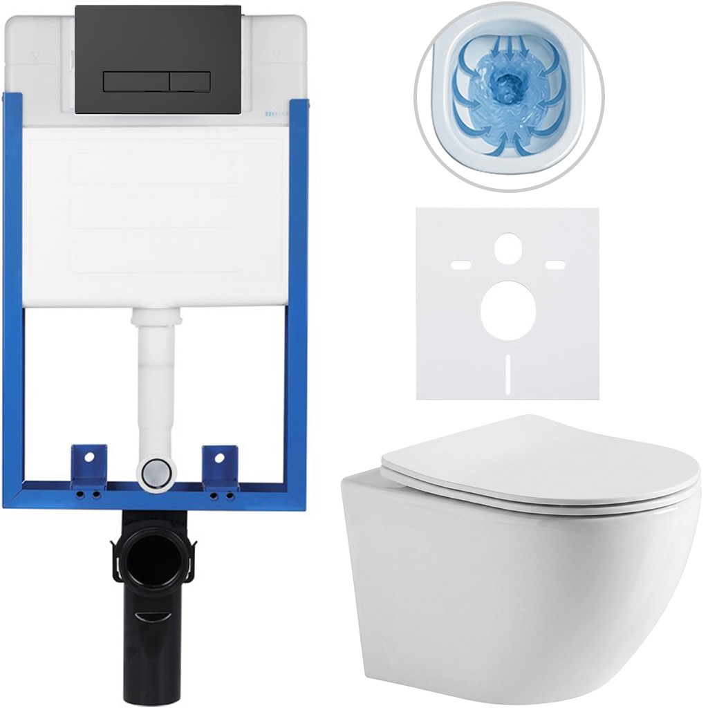 Kompletní podomítkový WC set Lite/Cesso - bílá lesklá - WC tlačítko Slim, černé matné - k zazdění - 49x36 cm - 8050BD16