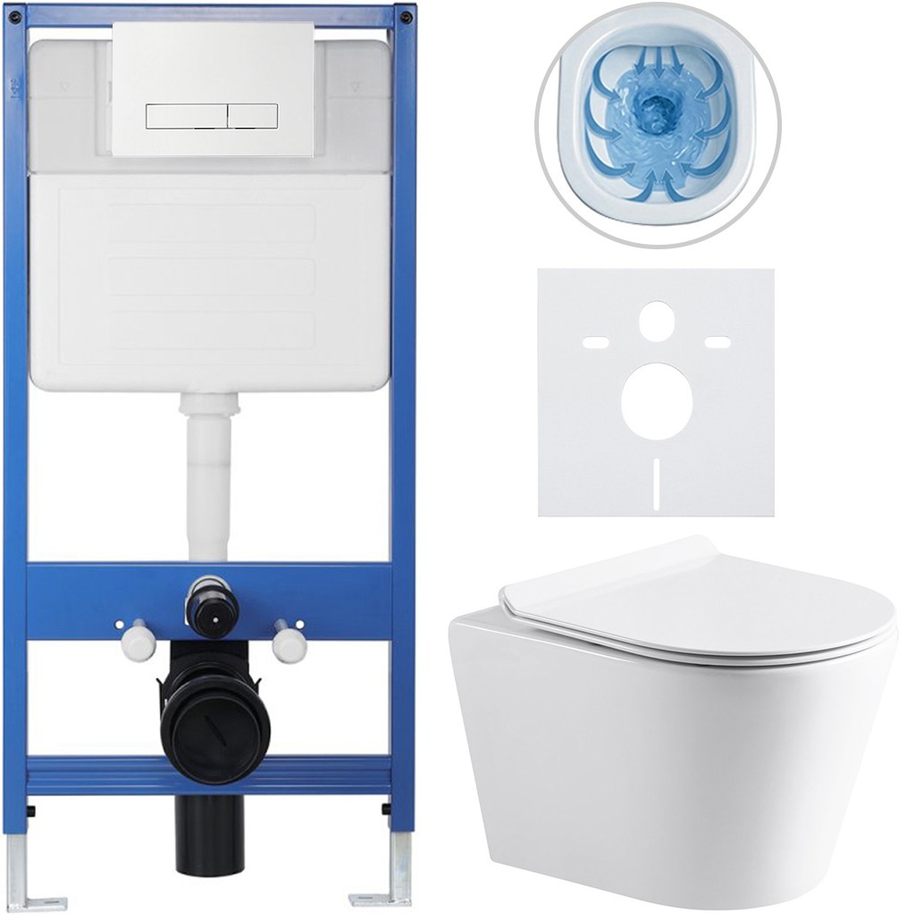Kompletní podomítkový WC set Lite/Carlito - bílá lesklá - WC tlačítko Slim, bílé - předstěnová instalace/sádrokarton - 48,5x36,5 cm