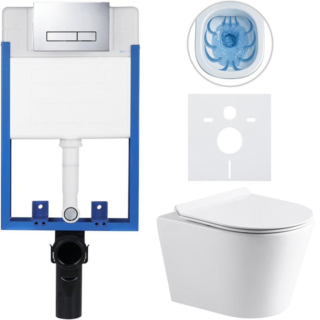 Kompletní podomítkový WC set Lite/Carlito - bílá lesklá - WC tlačítko Slim, chrom - k zazdění - 48,5x36,5 cm
