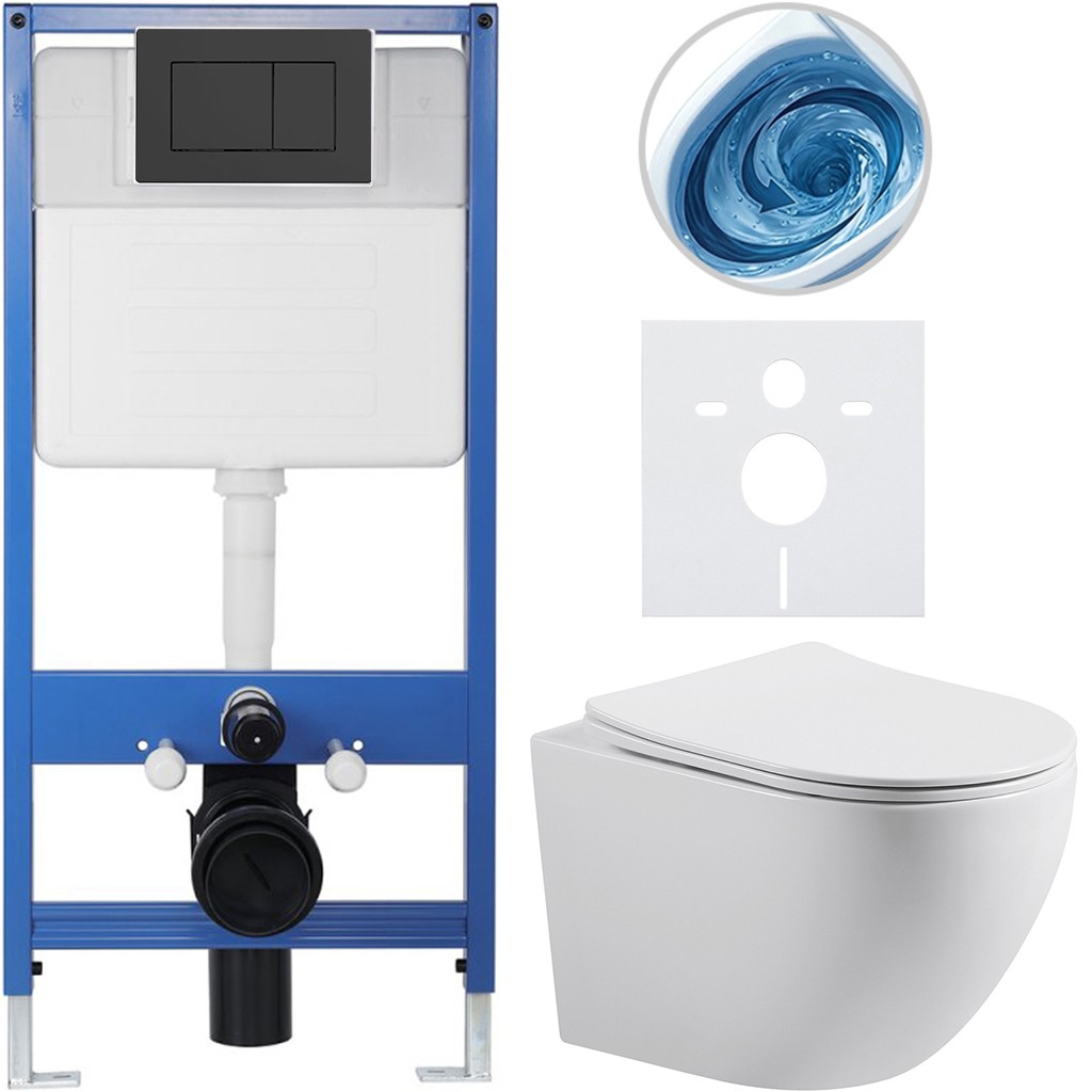 Kompletní podomítkový WC set Lite/Cesso - bílá lesklá - WC tlačítko Classic, černé matné - předstěnová instalace/sádrokarton - 49x36 cm