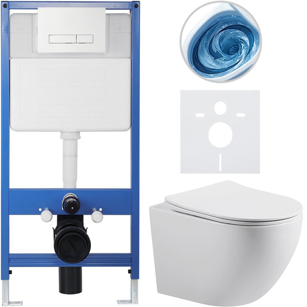 Kompletní podomítkový WC set Lite/Cesso - bílá lesklá - WC tlačítko Slim, bílé - předstěnová instalace/sádrokarton - 49x36 cm