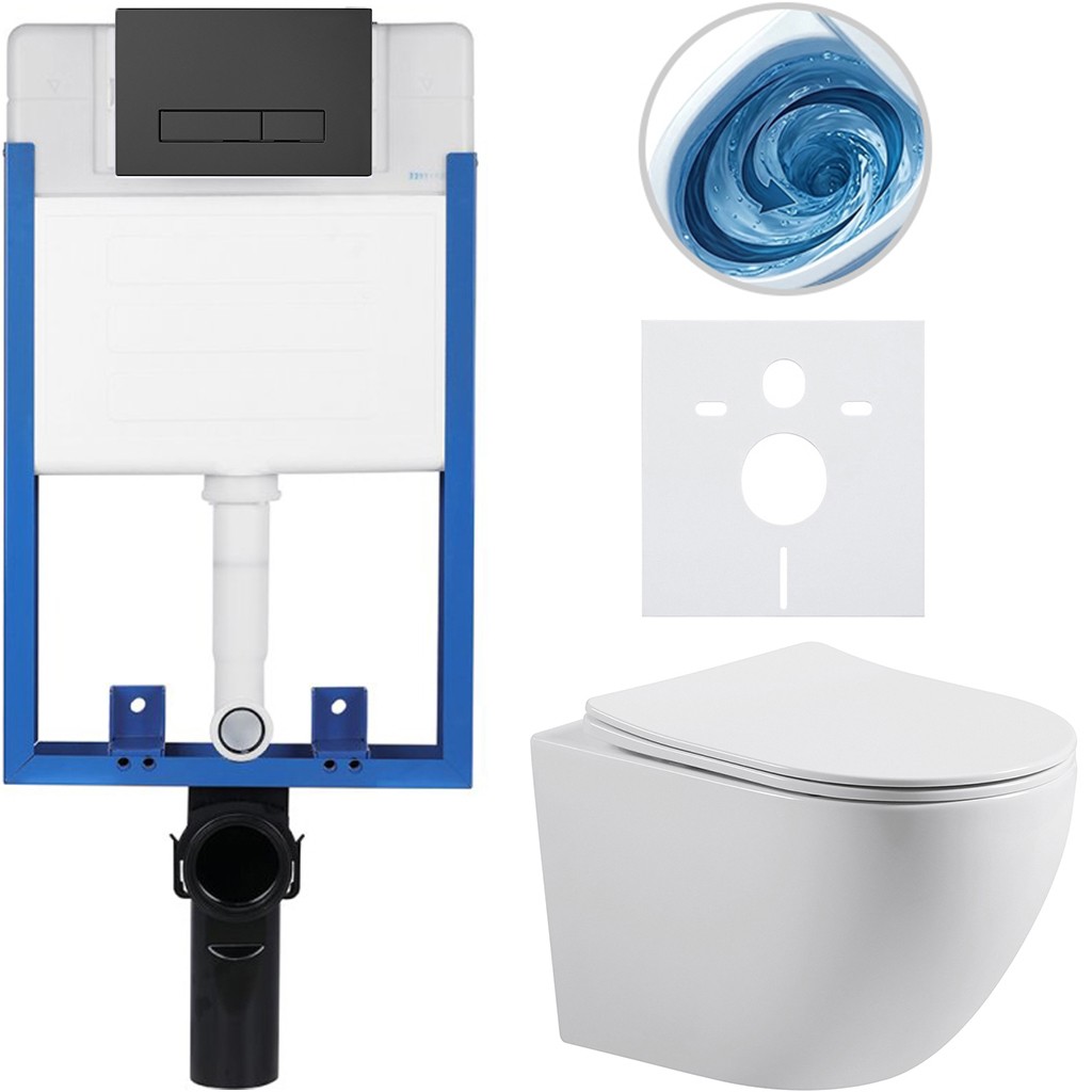 Kompletní podomítkový WC set Lite/Cesso - bílá lesklá - WC tlačítko Slim, černé matné - k zazdění - 49x36 cm