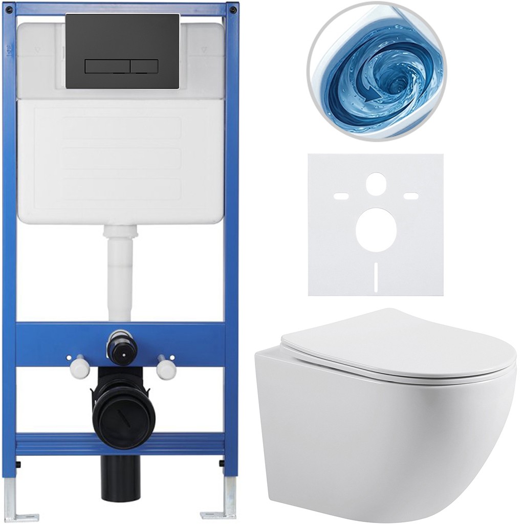 Kompletní podomítkový WC set Lite/Cesso - bílá lesklá - WC tlačítko Slim, černé matné - předstěnová instalace/sádrokarton - 49x36 cm