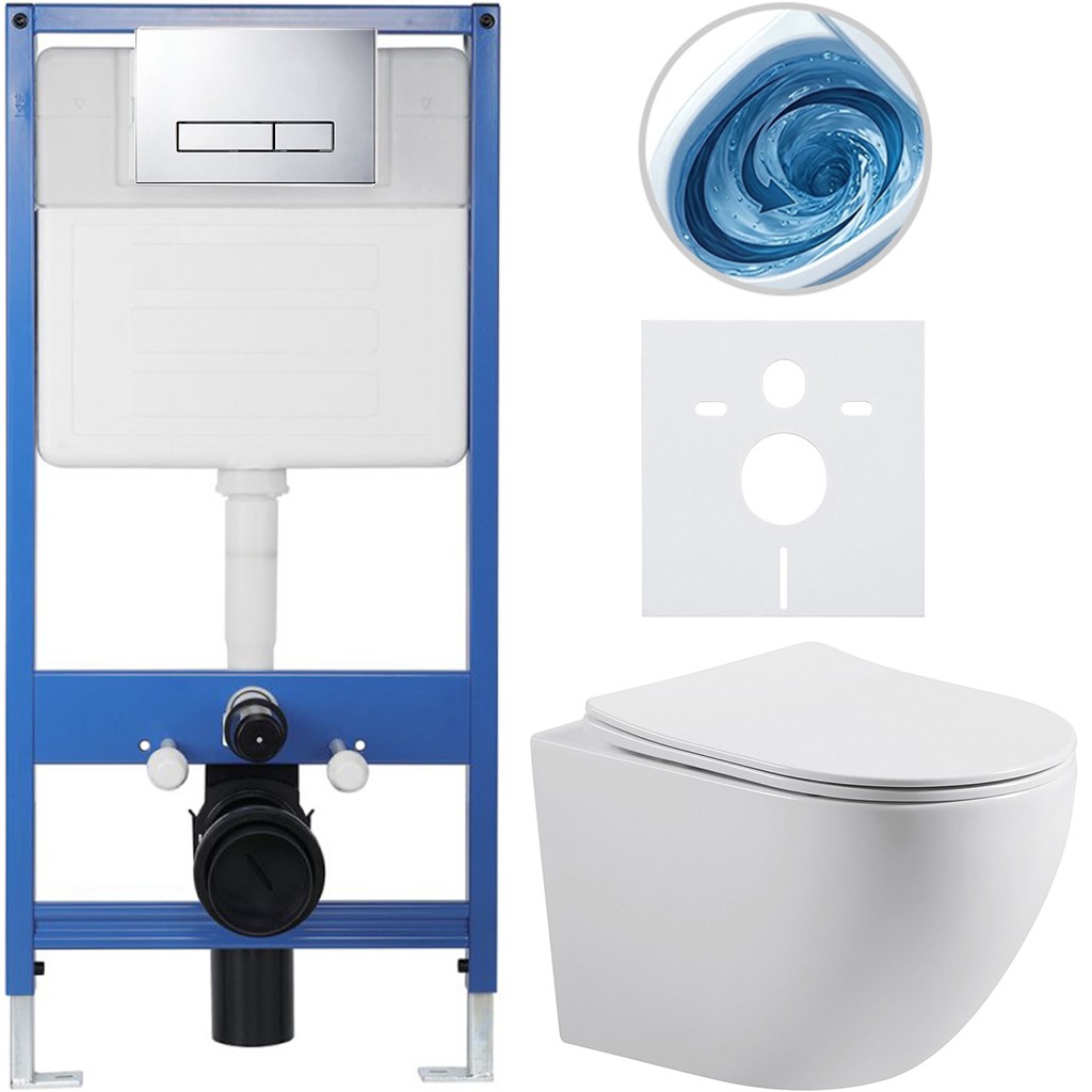 Kompletní podomítkový WC set Lite/Cesso - bílá lesklá - WC tlačítko Slim, chrom - předstěnová instalace/sádrokarton - 49x36 cm