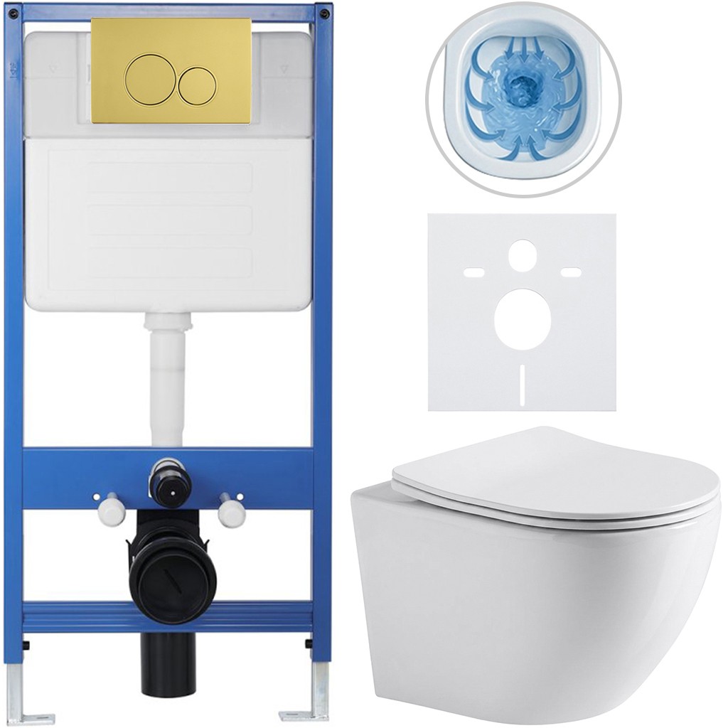 Kompletní podomítkový WC set Lite/Verde - bílá lesklá - WC tlačítko Duo, zlatá - předstěnová instalace - 49x36 cm