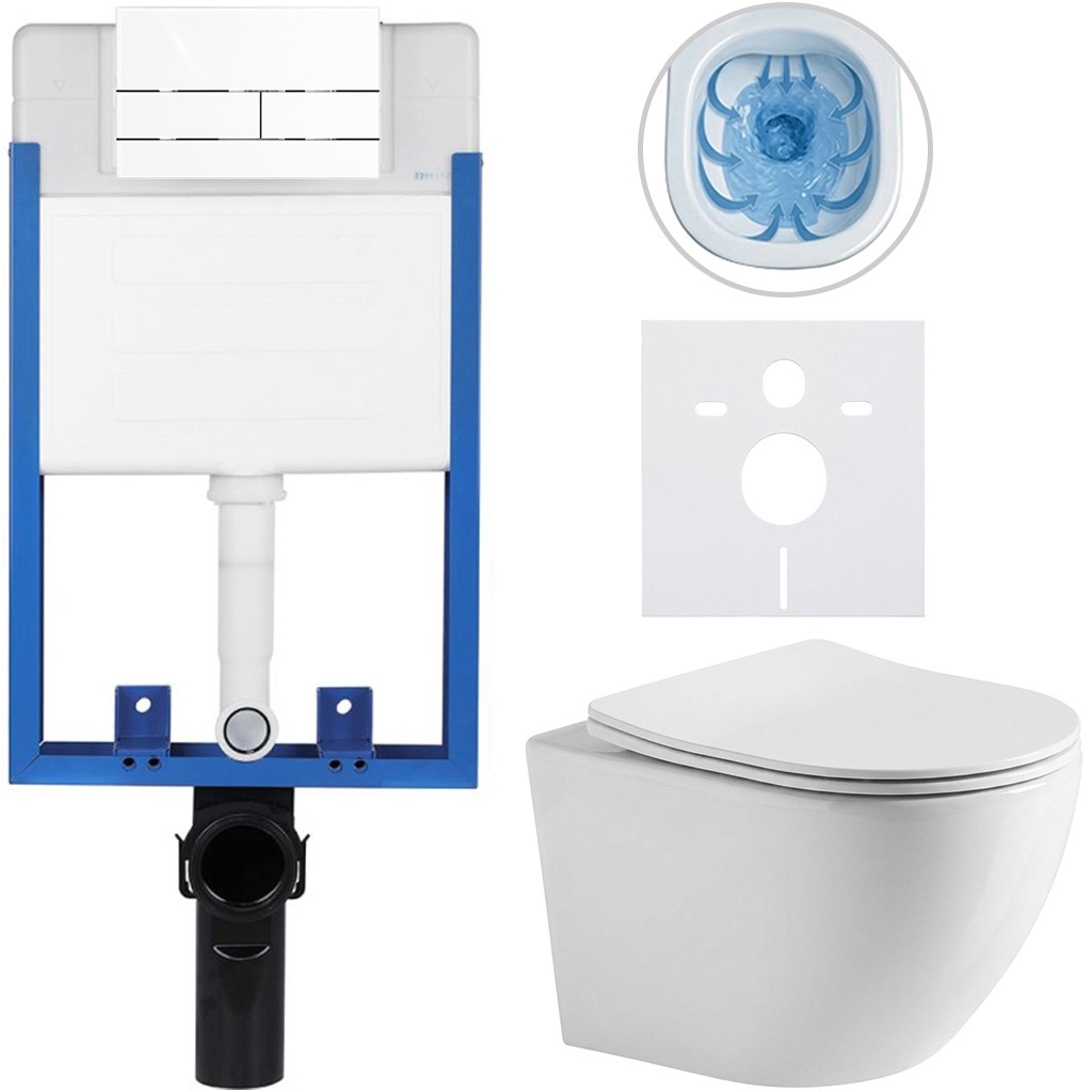 Kompletní podomítkový WC set Lite/Verde - bílá lesklá - WC tlačítko Line, bílá - k zazdění - 49x36 cm