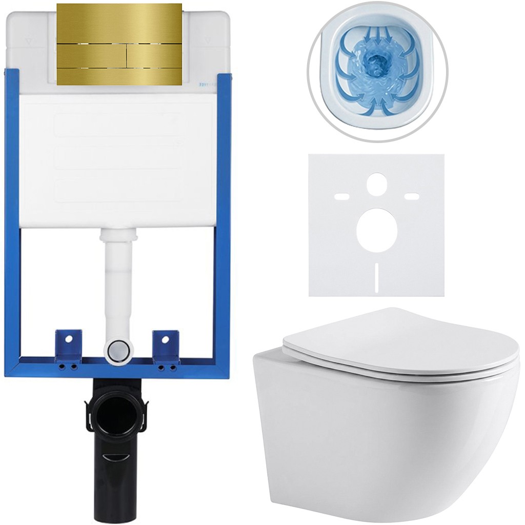 Kompletní podomítkový WC set Lite/Verde - bílá lesklá - WC tlačítko Line, zlatá - k zazdění - 49x36 cm