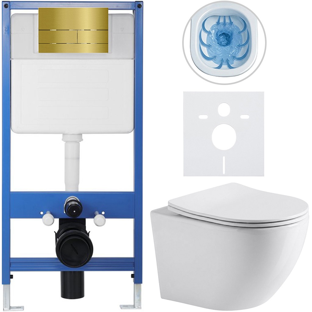 Kompletní podomítkový WC set Lite/Verde - bílá lesklá - WC tlačítko Line, zlatá - předstěnová instalace - 49x36 cm