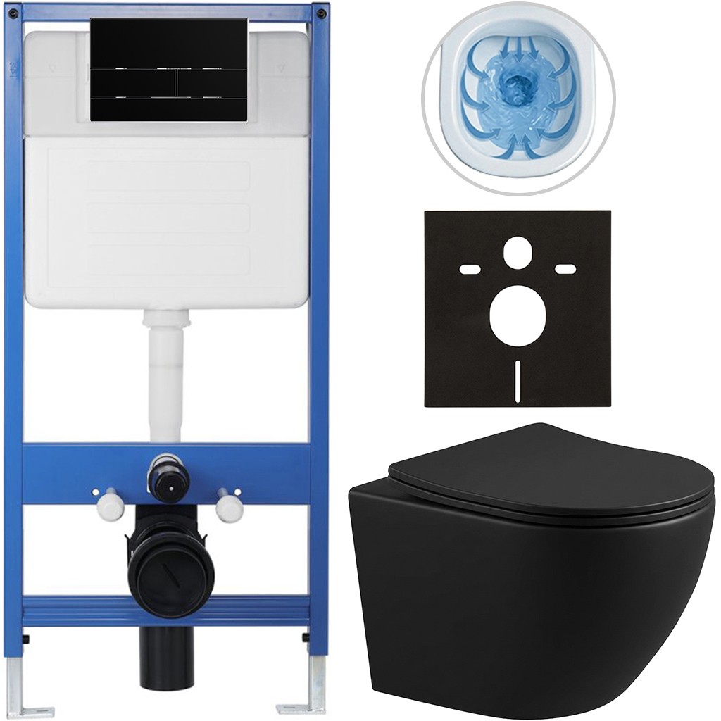 Kompletní podomítkový WC set Lite/Verde - černá matná - WC tlačítko Line, černá matná - předstěnová instalace - 49x36 cm