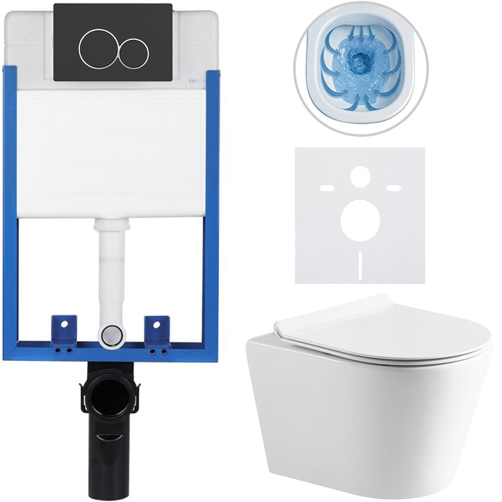 Kompletní podomítkový WC set Lite/Norbi - bílá lesklá - WC tlačítko Duo, černá matná - k zazdění - 48,5x36,5 cm