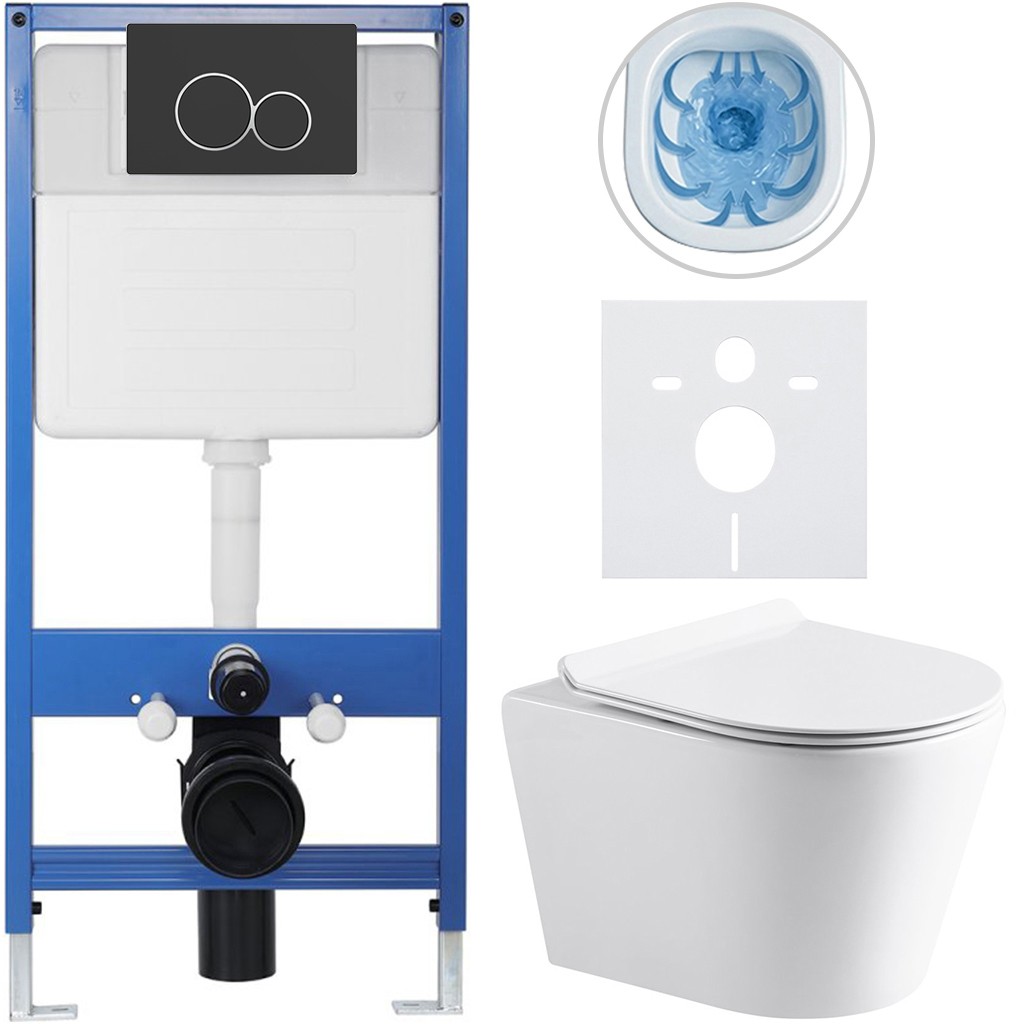 Kompletní podomítkový WC set Lite/Norbi - bílá lesklá - WC tlačítko Duo, černá matná - předstěnová instalace - 48,5x36,5 cm