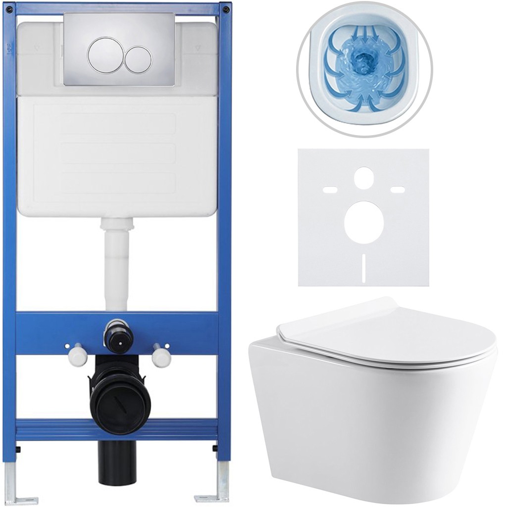 Kompletní podomítkový WC set Lite/Norbi - bílá lesklá - WC tlačítko Duo, chrom - předstěnová instalace - 48,5x36,5 cm
