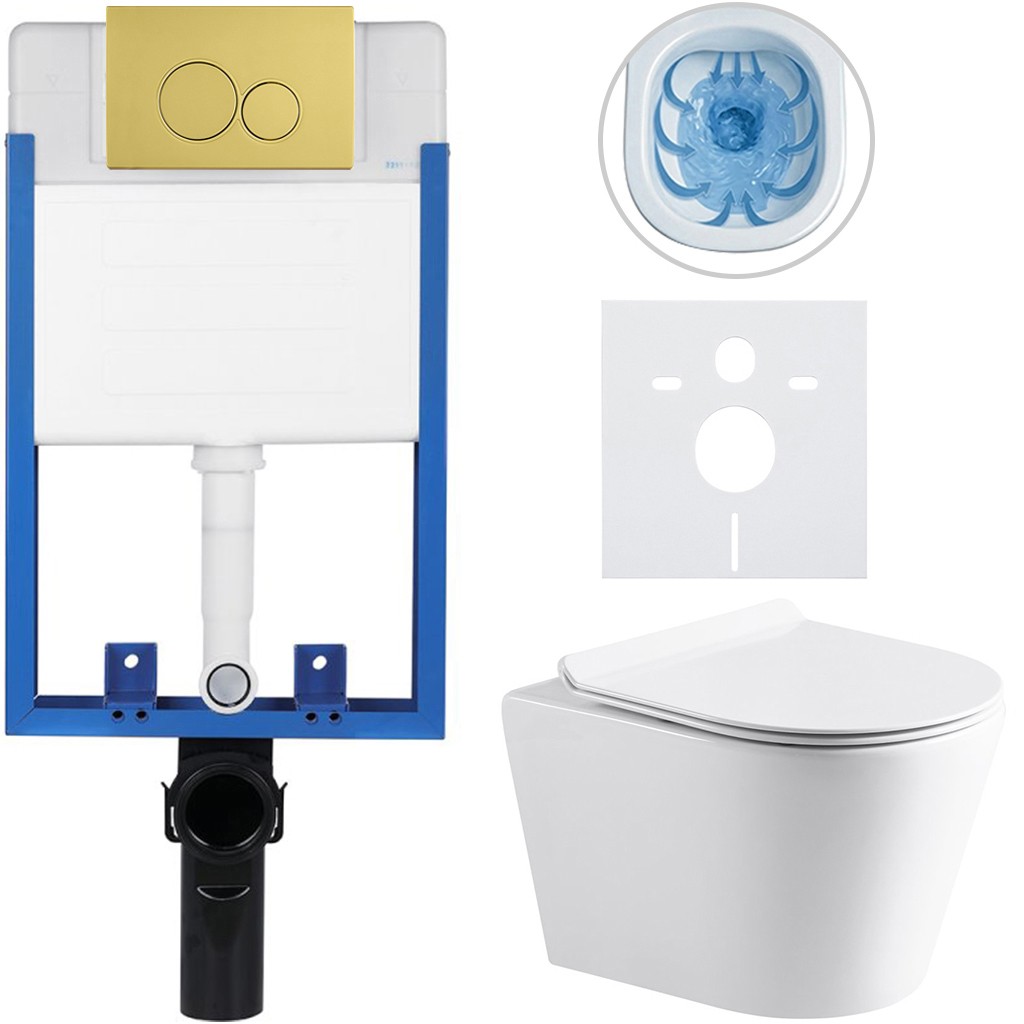 Kompletní podomítkový WC set Lite/Norbi - bílá lesklá - WC tlačítko Duo, zlatá - k zazdění - 48,5x36,5 cm