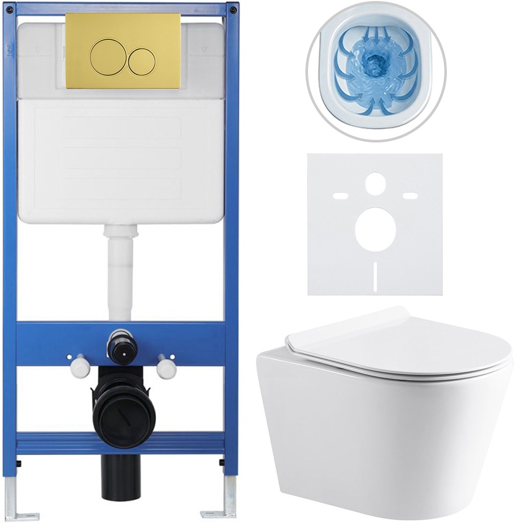 Kompletní podomítkový WC set Lite/Norbi - bílá lesklá - WC tlačítko Duo, zlatá - předstěnová instalace - 48,5x36,5 cm