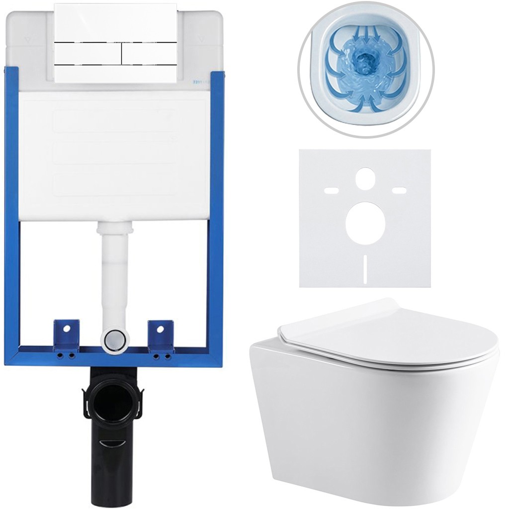 Kompletní podomítkový WC set Lite/Norbi - bílá lesklá - WC tlačítko Line, bílá - k zazdění - 48,5x36,5 cm