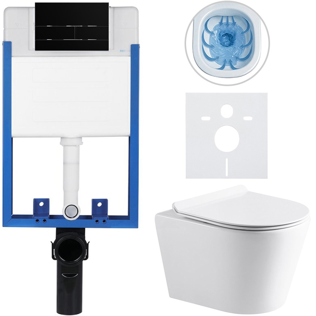 Kompletní podomítkový WC set Lite/Norbi - bílá lesklá - WC tlačítko Line, černá matná - k zazdění - 48,5x36,5 cm