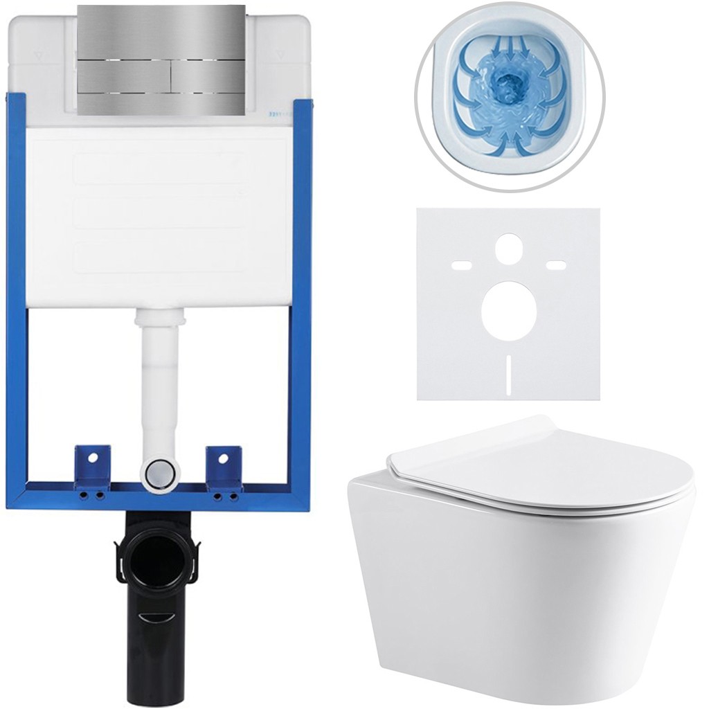 Kompletní podomítkový WC set Lite/Norbi - bílá lesklá - WC tlačítko Line, nerez - k zazdění - 48,5x36,5 cm