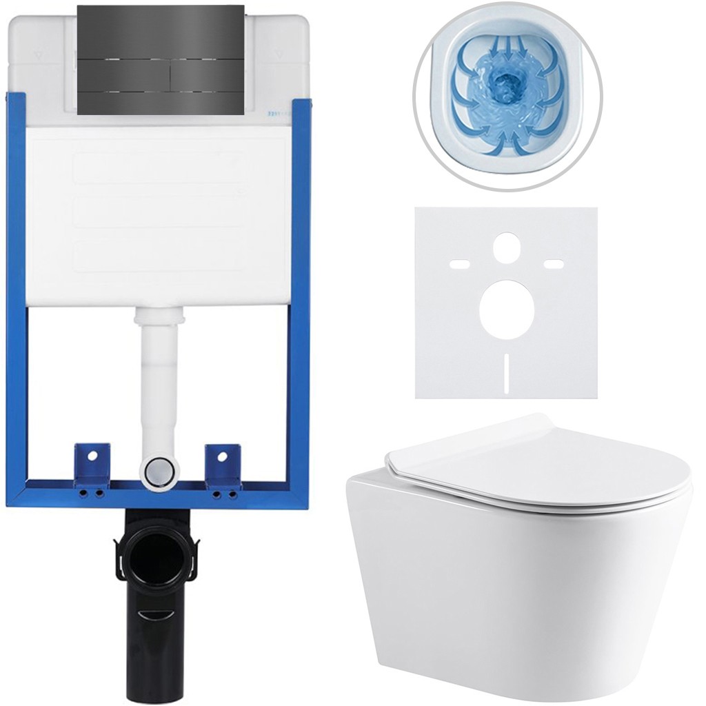 Kompletní podomítkový WC set Lite/Norbi - bílá lesklá - WC tlačítko Line, tmavě šedá - k zazdění - 48,5x36,5 cm