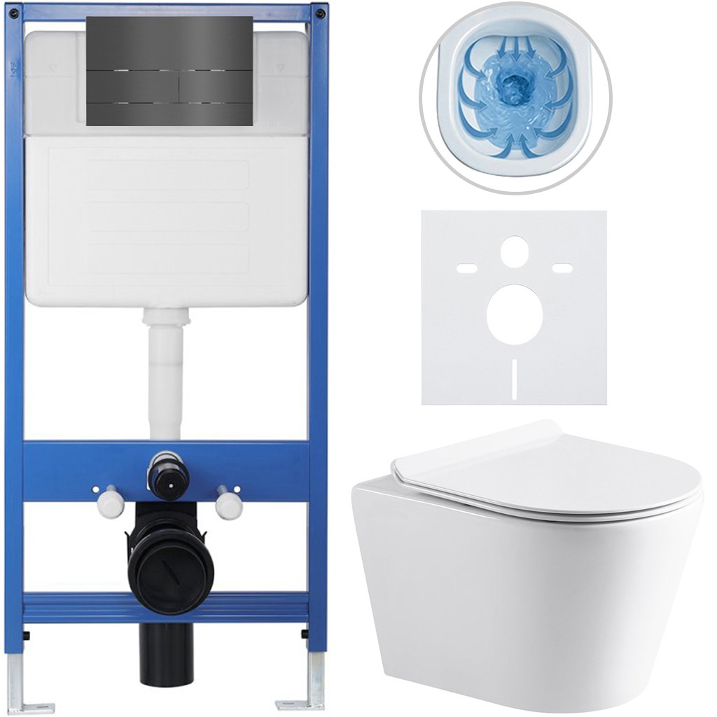 Kompletní podomítkový WC set Lite/Norbi - bílá lesklá - WC tlačítko Line, tmavě šedá - předstěnová instalace - 48,5x36,5 cm