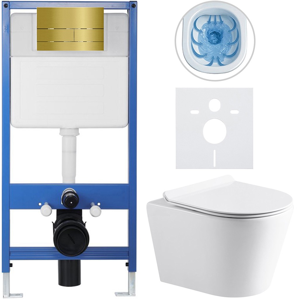 Kompletní podomítkový WC set Lite/Norbi - bílá lesklá - WC tlačítko Line, zlatá - předstěnová instalace - 48,5x36,5 cm