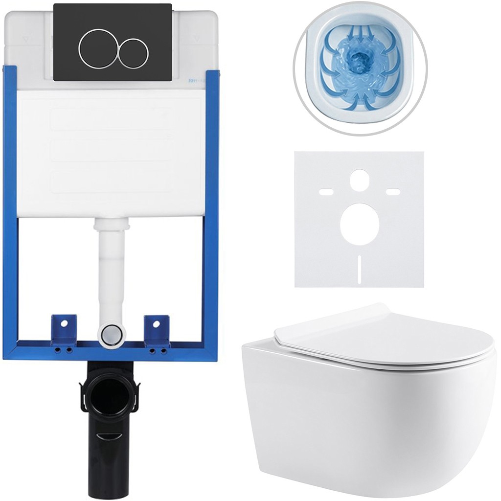 Kompletní podomítkový WC set Lite/Felci - bílá lesklá - WC tlačítko Duo, černá matná - k zazdění - 52,5x36 cm
