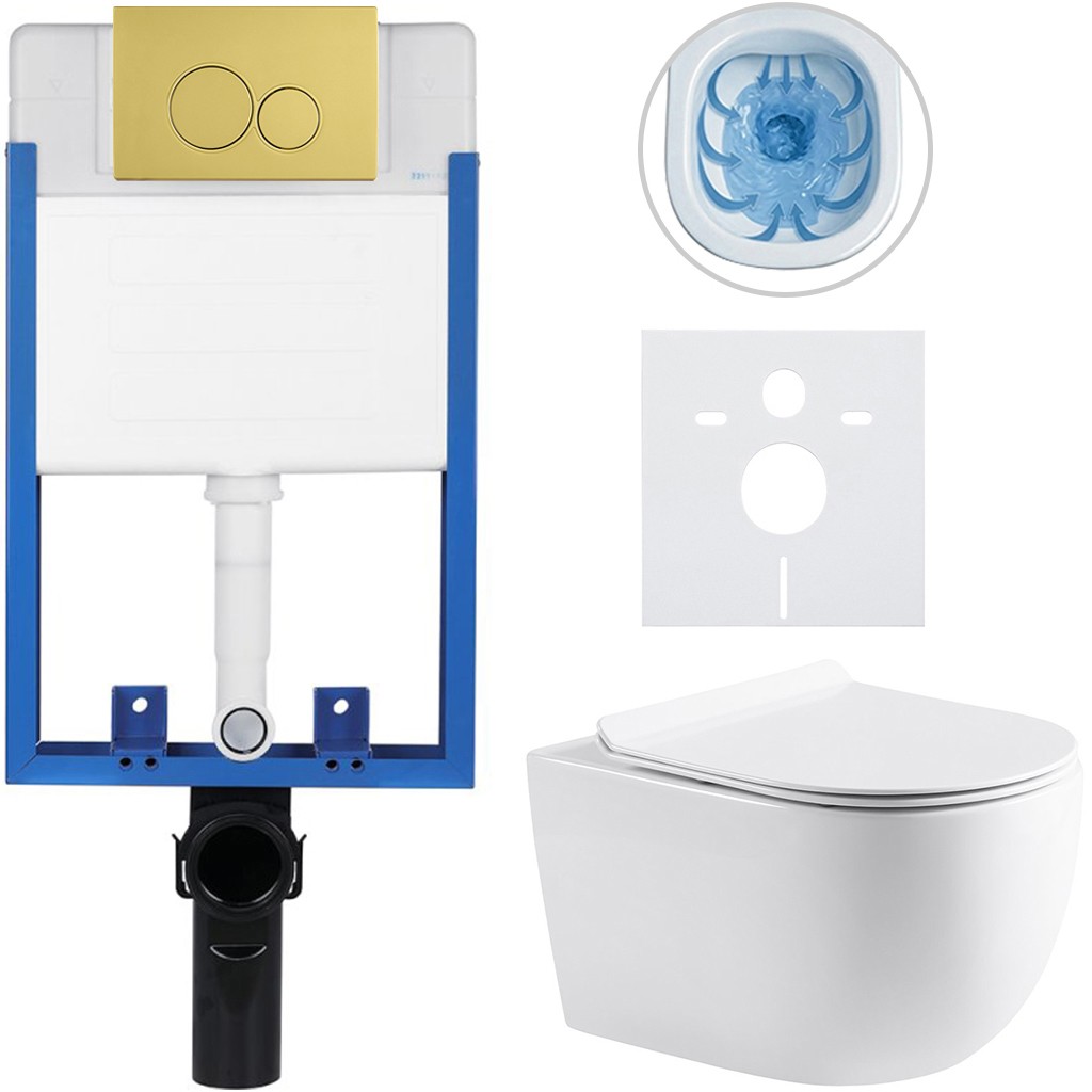 Kompletní podomítkový WC set Lite/Felci - bílá lesklá - WC tlačítko Duo, zlatá - k zazdění - 52,5x36 cm