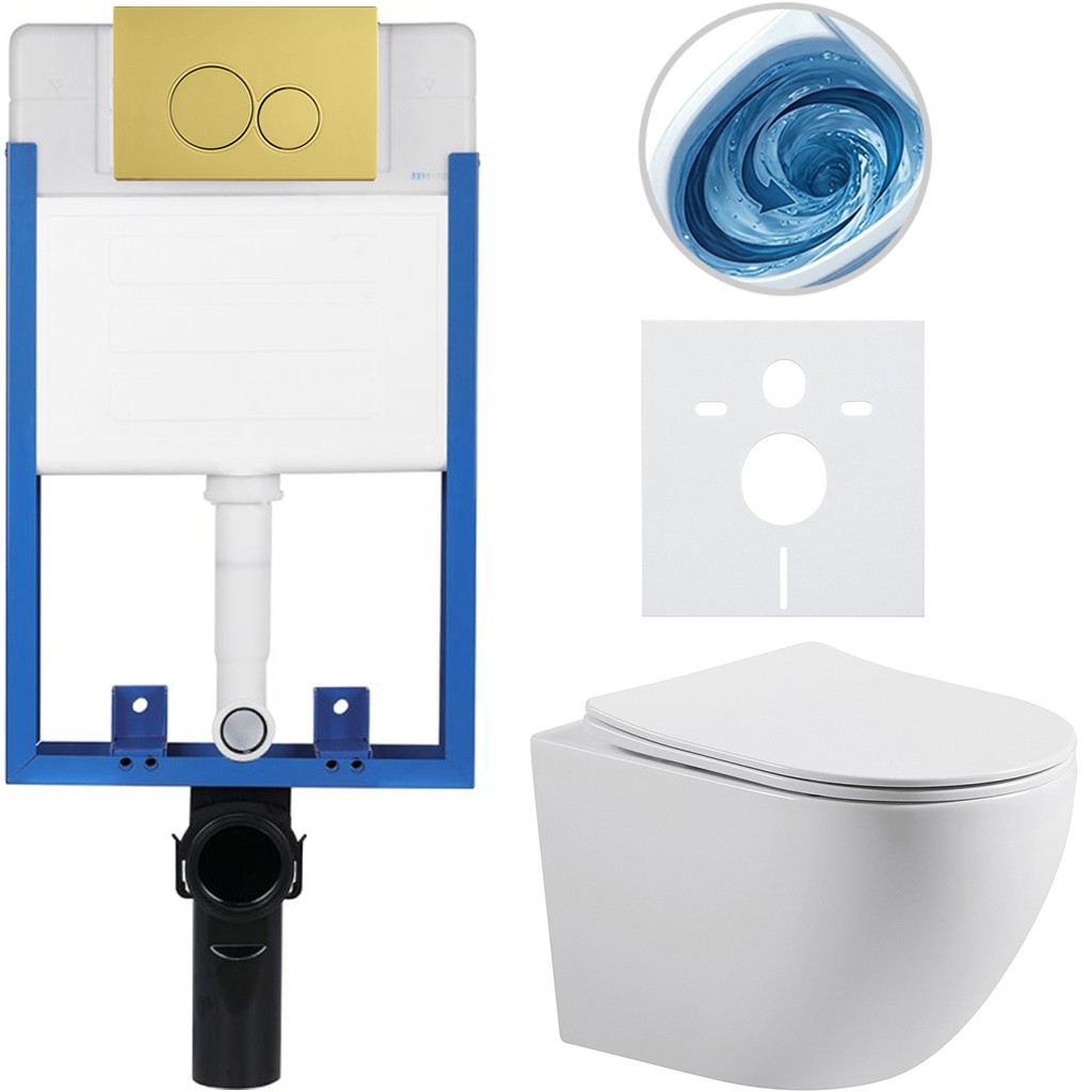 Kompletní podomítkový WC set Lite/Cesso - bílá lesklá - WC tlačítko Duo. zlatá - k zazdění - 49x36 cm