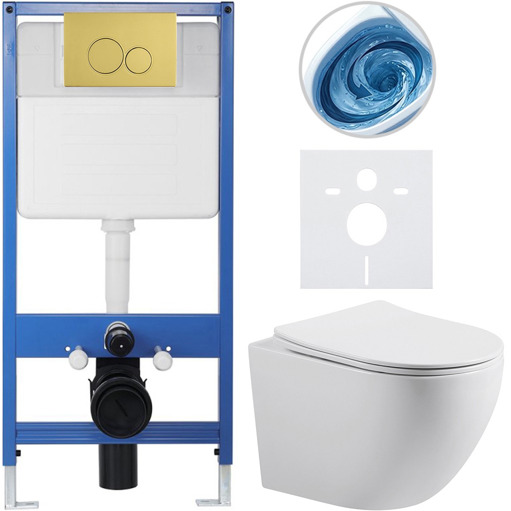 Kompletní podomítkový WC set Lite/Cesso - bílá lesklá - WC tlačítko Duo. zlatá - předstěnová instalace - 49x36 cm