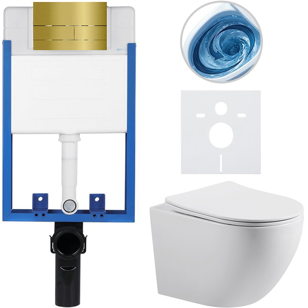 Kompletní podomítkový WC set Lite/Cesso - bílá lesklá - WC tlačítko Line. zlatá - k zazdění - 49x36 cm