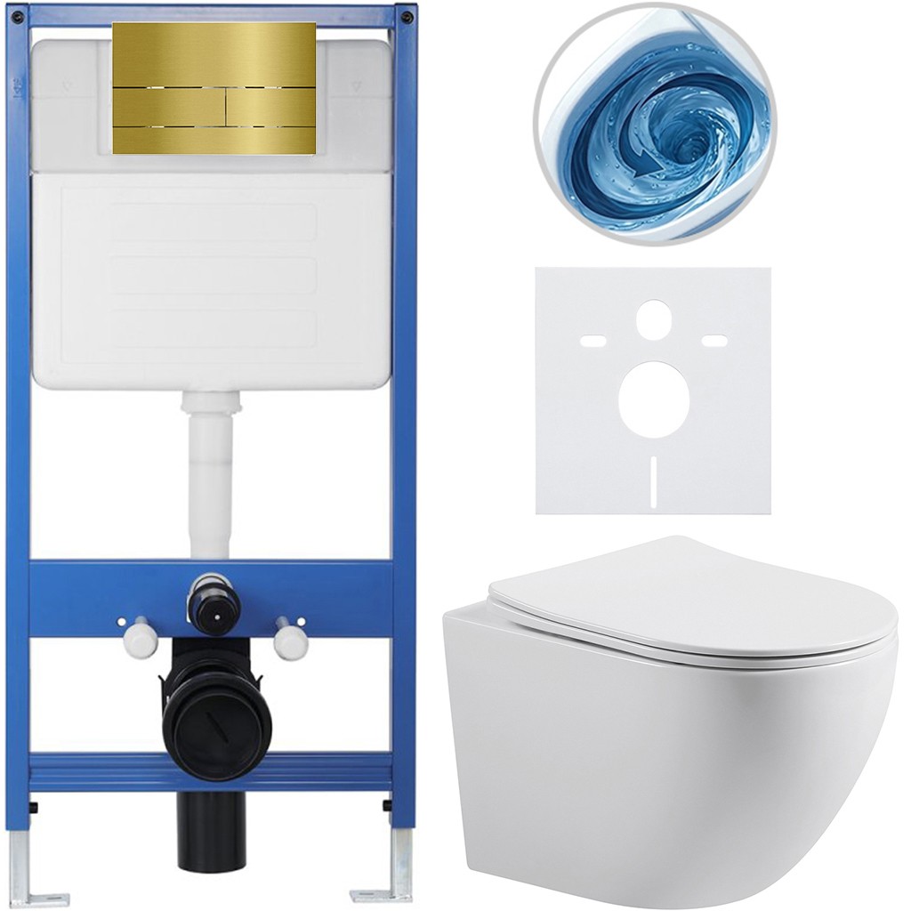 Kompletní podomítkový WC set Lite/Cesso - bílá lesklá - WC tlačítko Line. zlatá - předstěnová instalace - 49x36 cm
