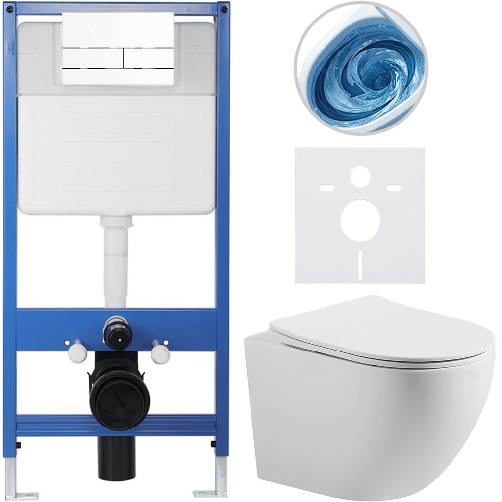 Kompletní podomítkový WC set Lite/Cesso - bílá matná - WC tlačítko Line, bílá - předstěnová instalace - 49x36 cm