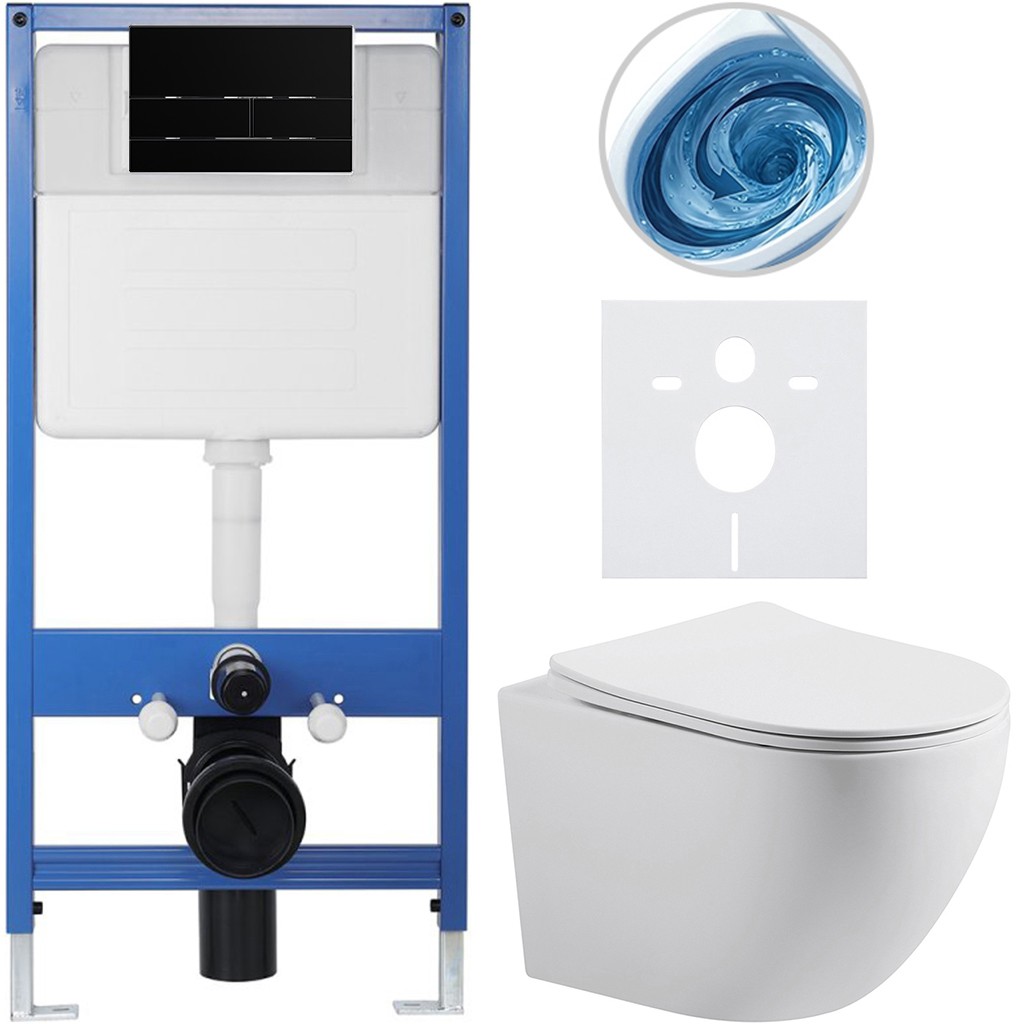 Kompletní podomítkový WC set Lite/Cesso - bílá matná - WC tlačítko Line, černá matná - předstěnová instalace - 49x36 cm