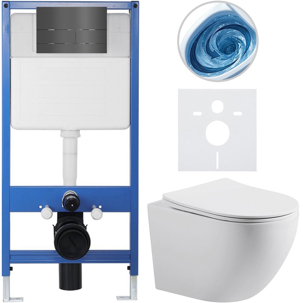 Kompletní podomítkový WC set Lite/Cesso - bílá matná - WC tlačítko Line. tmavě šedá - předstěnová instalace - 49x36 cm