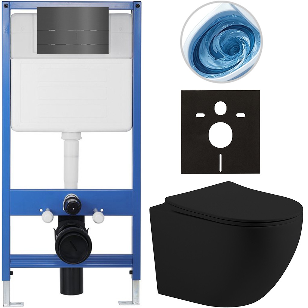 Kompletní podomítkový WC set Lite/Cesso - černá matná - WC tlačítko Line, tmavě šedá - předstěnová instalace - 49x36 cm