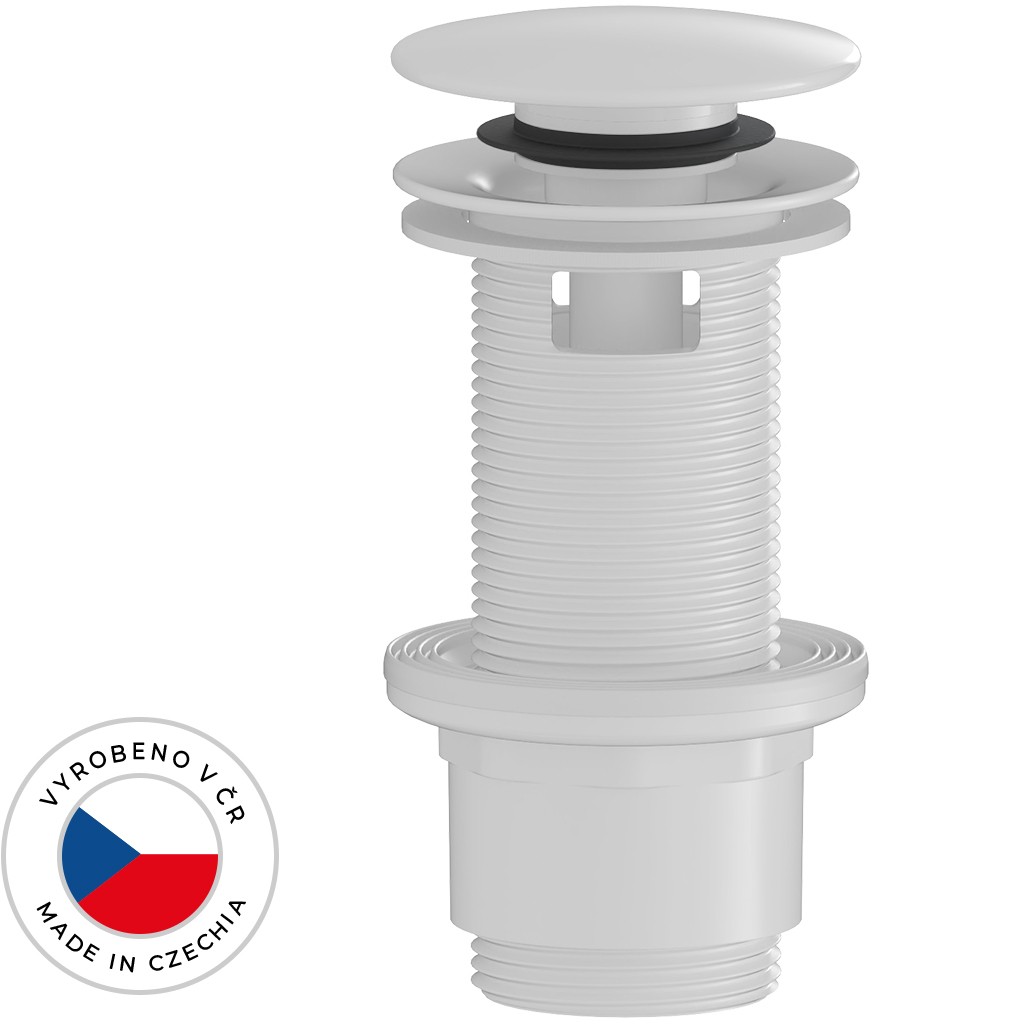 Umyvadlová výpusť - 5/4“ click-clack s přepadem - plast - 67/82mm - bílá lesklá