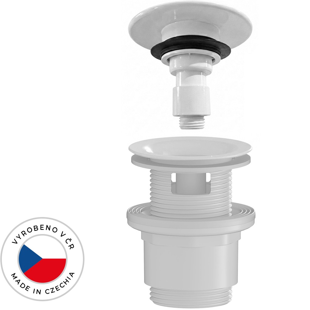 Umyvadlová výpusť - 5/4“ click-clack s přepadem - neuzavíratelná - plast - 35/50mm - bílá lesklá