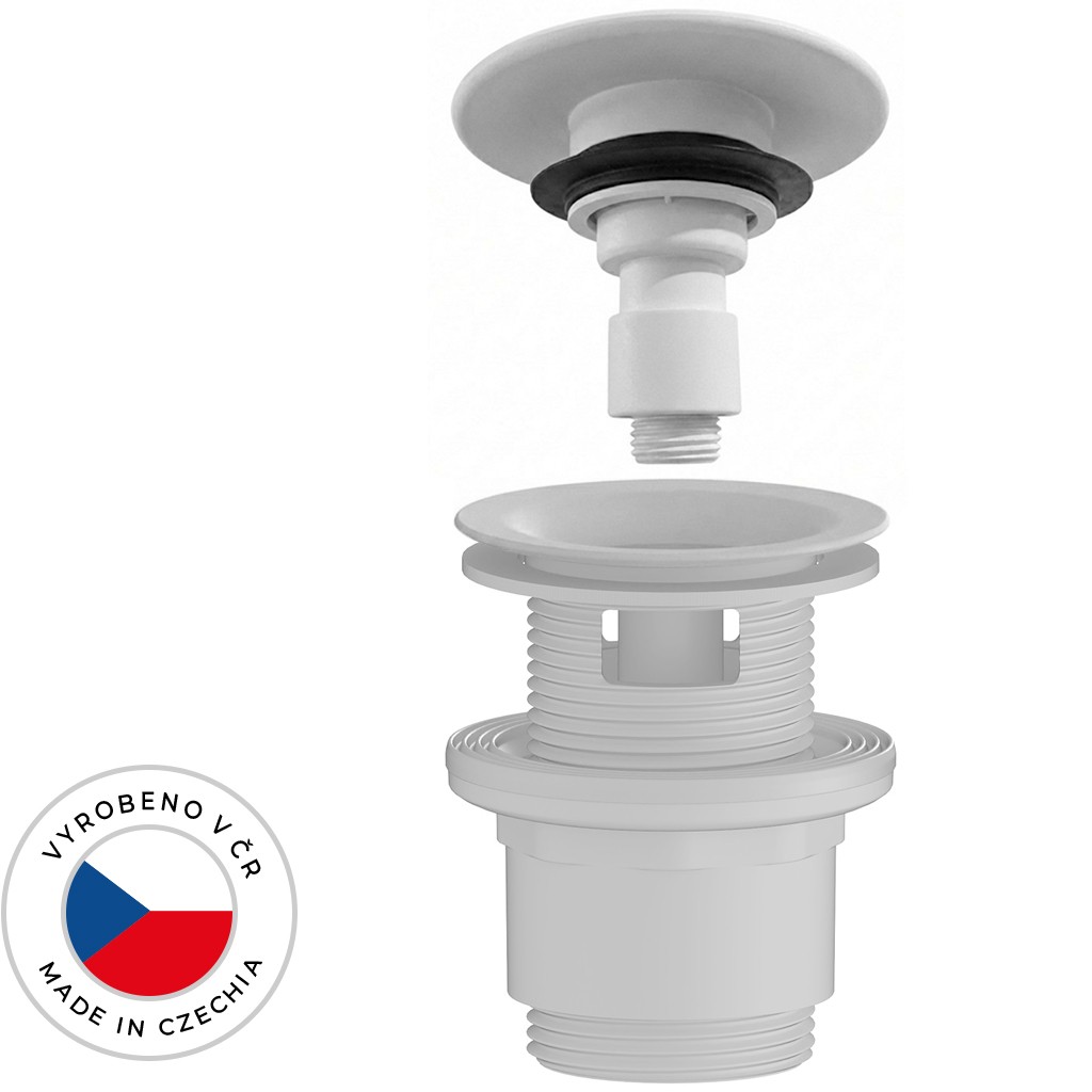 Umyvadlová výpusť - 5/4“ click-clack s přepadem - neuzavíratelná - plast - 35/50mm - bílá matná