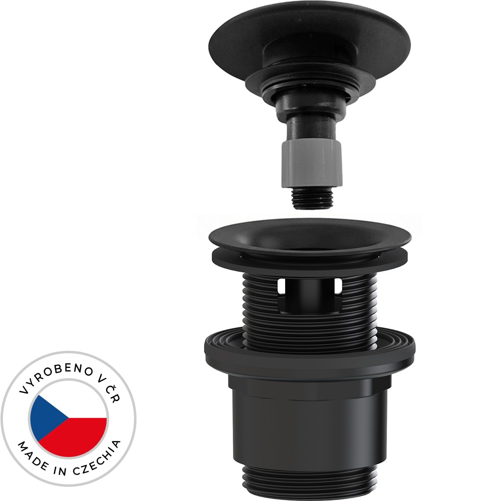 Umyvadlová výpusť - 5/4“ click-clack s přepadem - neuzavíratelná - plast - 35/50mm - černá matná