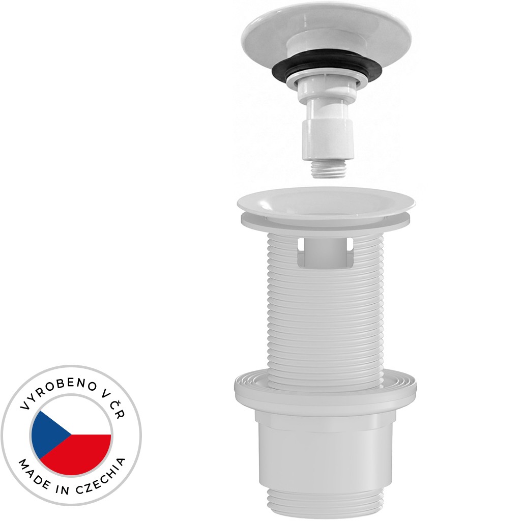 Umyvadlová výpusť - 5/4“ click-clack s přepadem - neuzavíratelná - plast - 67/82mm - bílá lesklá