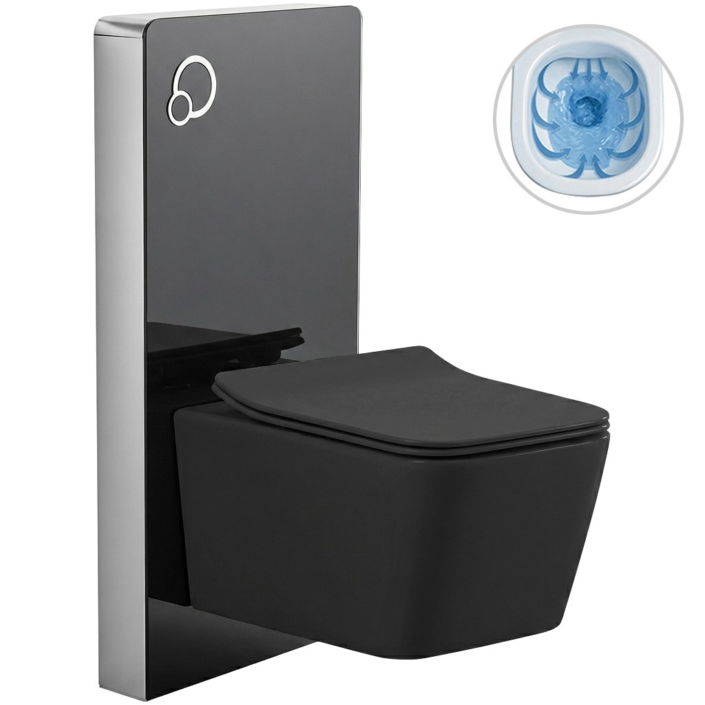 Kompletní WC set sanitární splach. modul - černá matná + WC závěsné Forte, Rimless + Slim/UF sedátko - černá matná - 51x36 cm